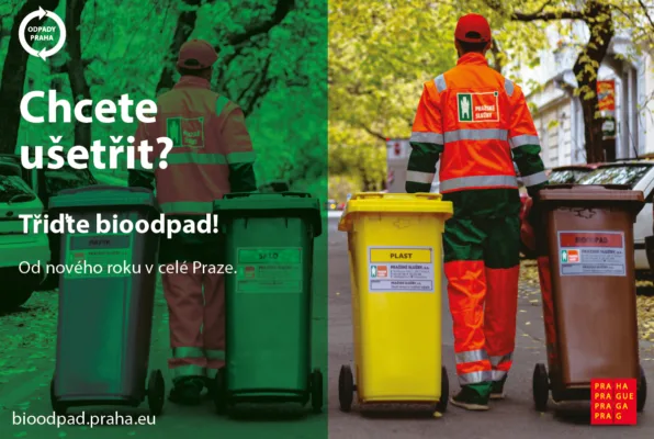 Pracovníci s popelnicemi na bioodpad v Praze
