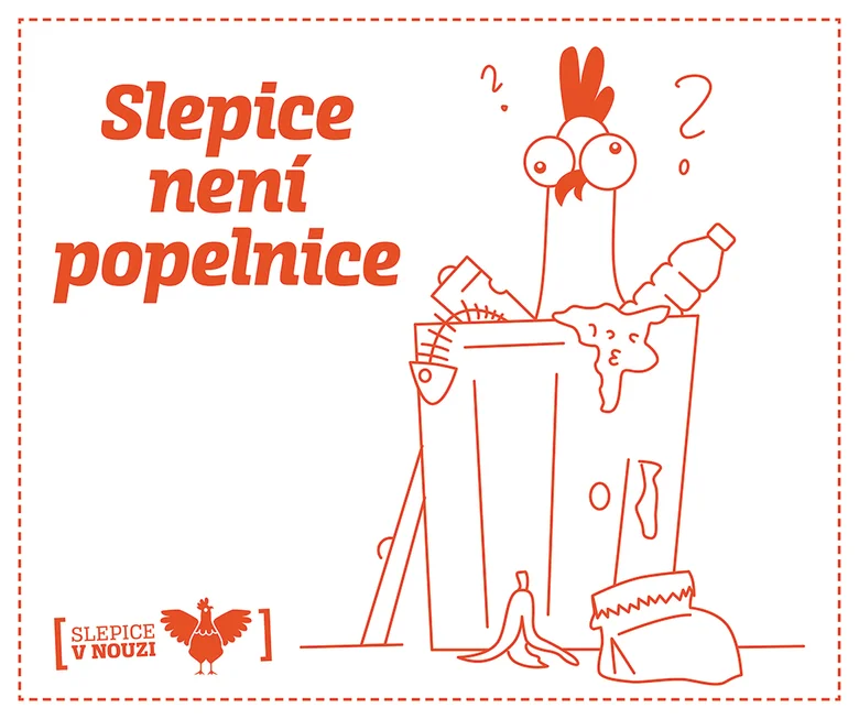 Slepice v popelnici s otazníky, text: Slepice není popelnice