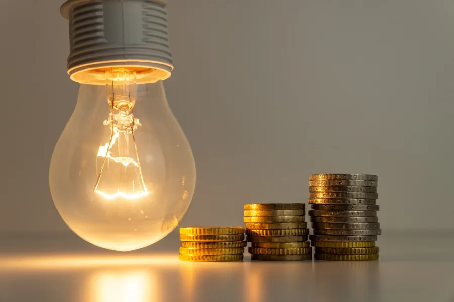 Žárovka vedle hromádky mincí symbolizující úsporu energií.