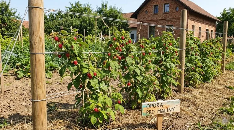 Rozsáhlý záhon malin s dřevěnou oporou