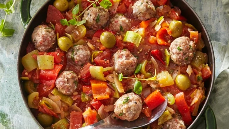 Hot platter of vegetable stew with meatballs ready to serve.