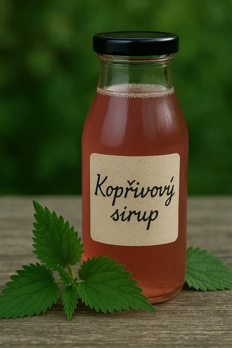 Sklenička kopřivového sirupu s čerstvými listy kopřivy.