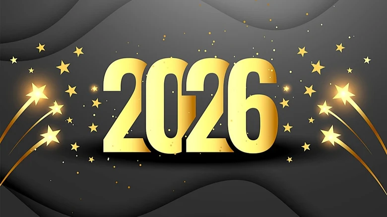 Zlaté číslo roku 2026 s hvězdami na tmavém pozadí.
