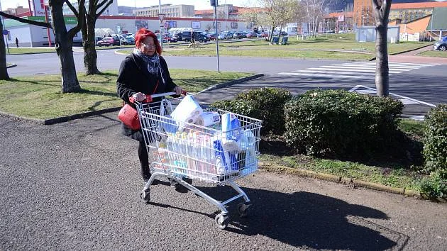 Žena s nákupním vozíkem plným zboží