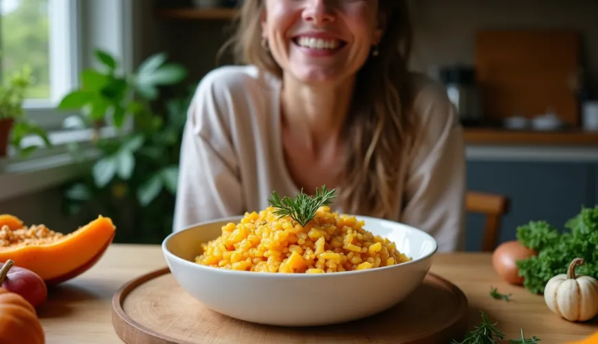 Žena se usmívá před miskou pumpkového rýže