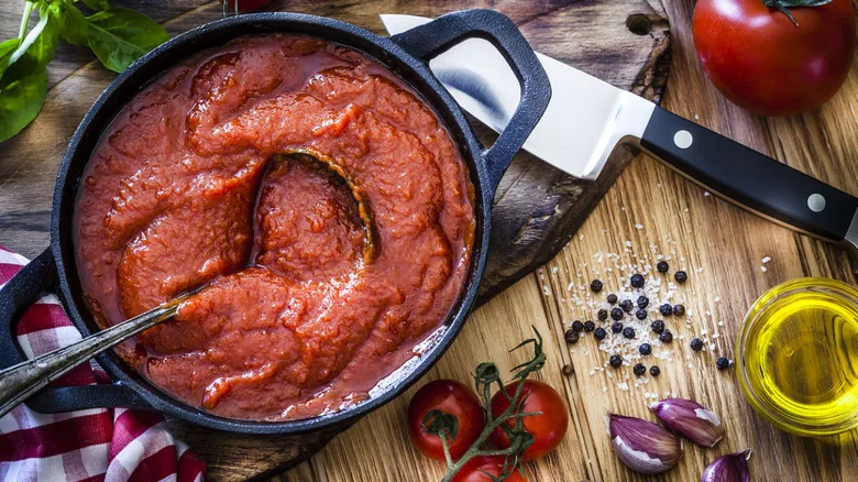 Hotová rajčatová omáčka v hrnci s ingrediencemi