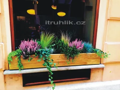 Podzimní truhlík s květinami na okně