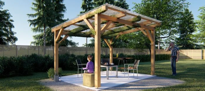Hotová dřevěná pergola v zahradě s nábytkem