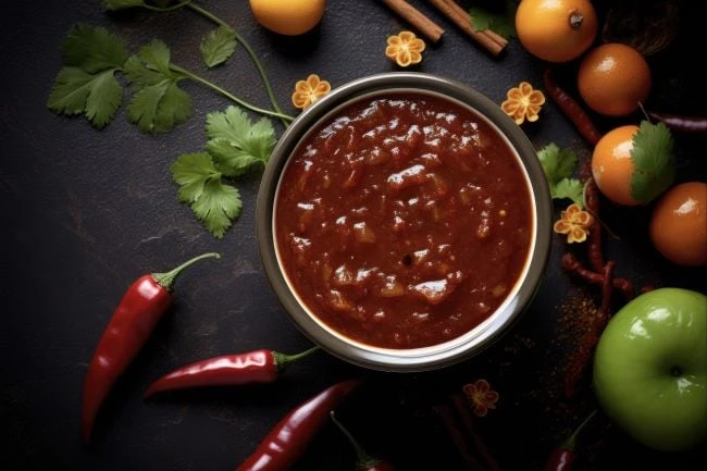 Tmavá omáčka z tamarindu s čerstvými ingrediencemi.