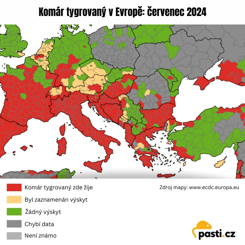 Mapa rozšíření komára tygrovaného v Evropě červenec 2024
