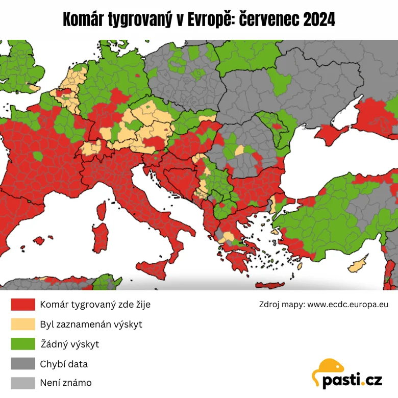 Mapa rozšíření komára tygrovaného v Evropě červenec 2024