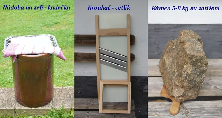 Nástroje pro kvašení zelí: kaděčka, cetlík a závažení