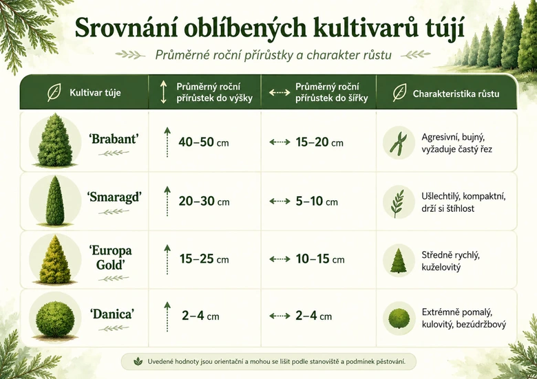 Porovnání růstu oblíbených kultivarů tují pro zahradníky