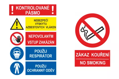 Varovné cedule pro práci s azbestem v kontrolovaném pásmu