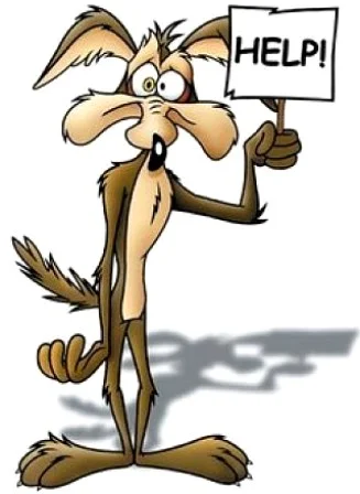 Kartoonový kojot držící tabuli s nápisem HELP!