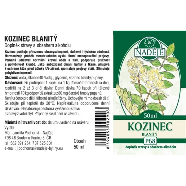 Ilustrace květů kozince blanitého na etiketě doplňku stravy.