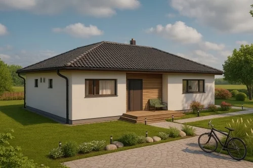 Modern bungalov s dřevěnými prvky a zahradou