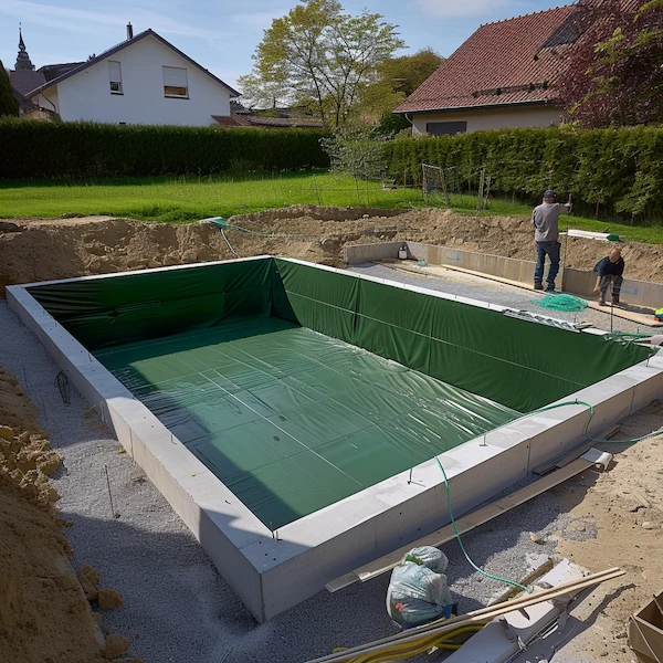 Stavba bazénu s zelenou hydroizolací na zahradě