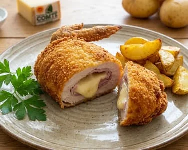 Pekně připravený kuřecí rolád s uzeným šunkou a sýrem.