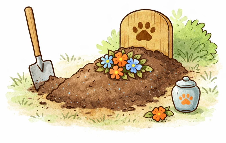 Ilustrace hrobu psa s lopatkou a vázou na památku