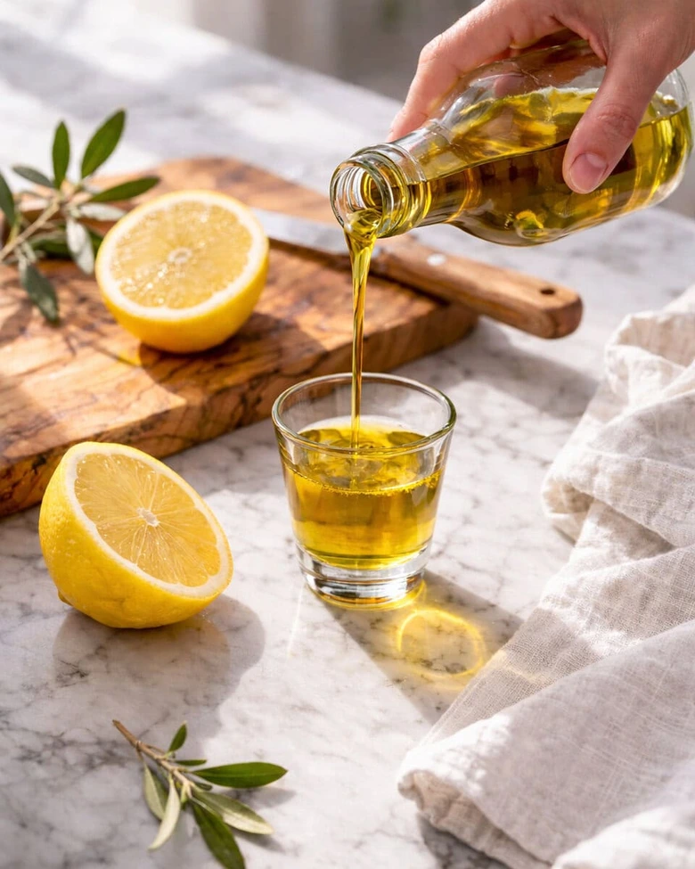 Ruce nalévá olivový olej do skleničky vedle citronu na mramoru.
