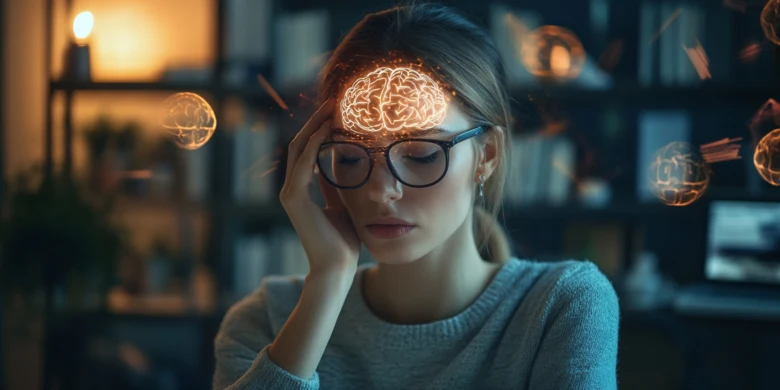 Žena s brýlemi drží hlavu před svítícími mozkovými vizualizacemi.