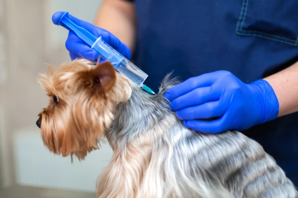Veterinář podává injekci malému psu v ordinaci.