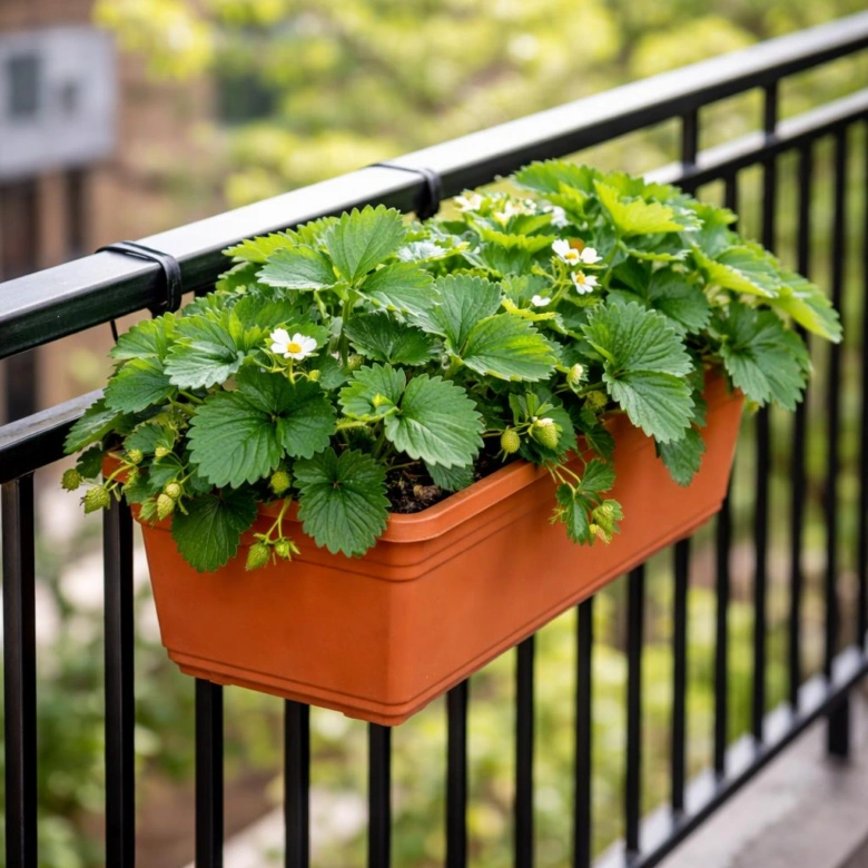 Zdravá rostlina jahod v oranžovém květináči na balkóně.