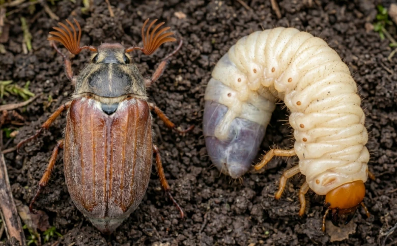 Dospělý chroustek letní a jeho larva v zemi.
