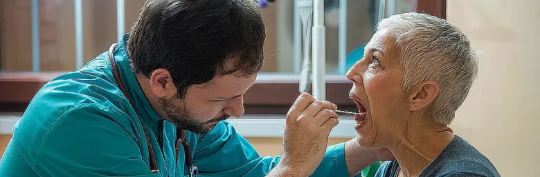 Lékař vyšetří ústní dutinu pacientky pomocí nástroje.