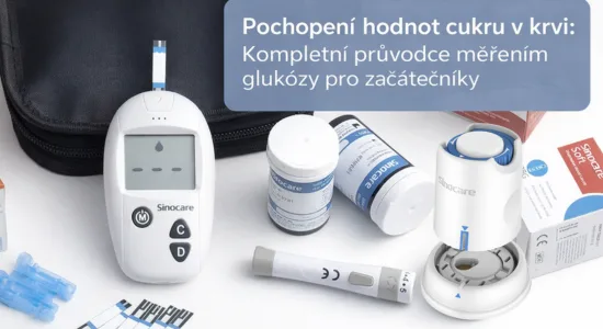Bílý přístroj na měření cukru s doplňky pro začátečníky.