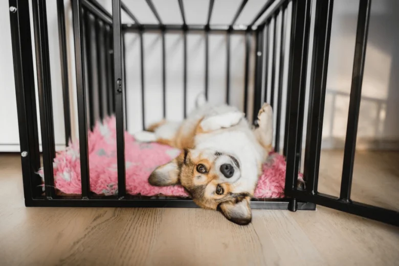 Corgi leží v kleci s růžovou podložkou na dřevěné podlaze.