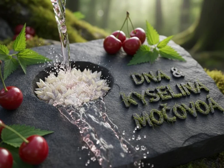 Voda se lije na krystaly dny s třešněmi a listy.