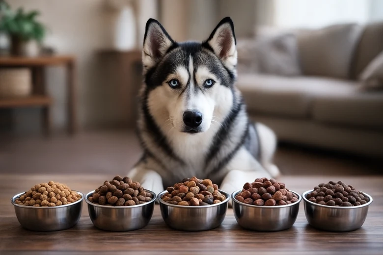 Husky pes leží před miskami s krmivem pro psy.