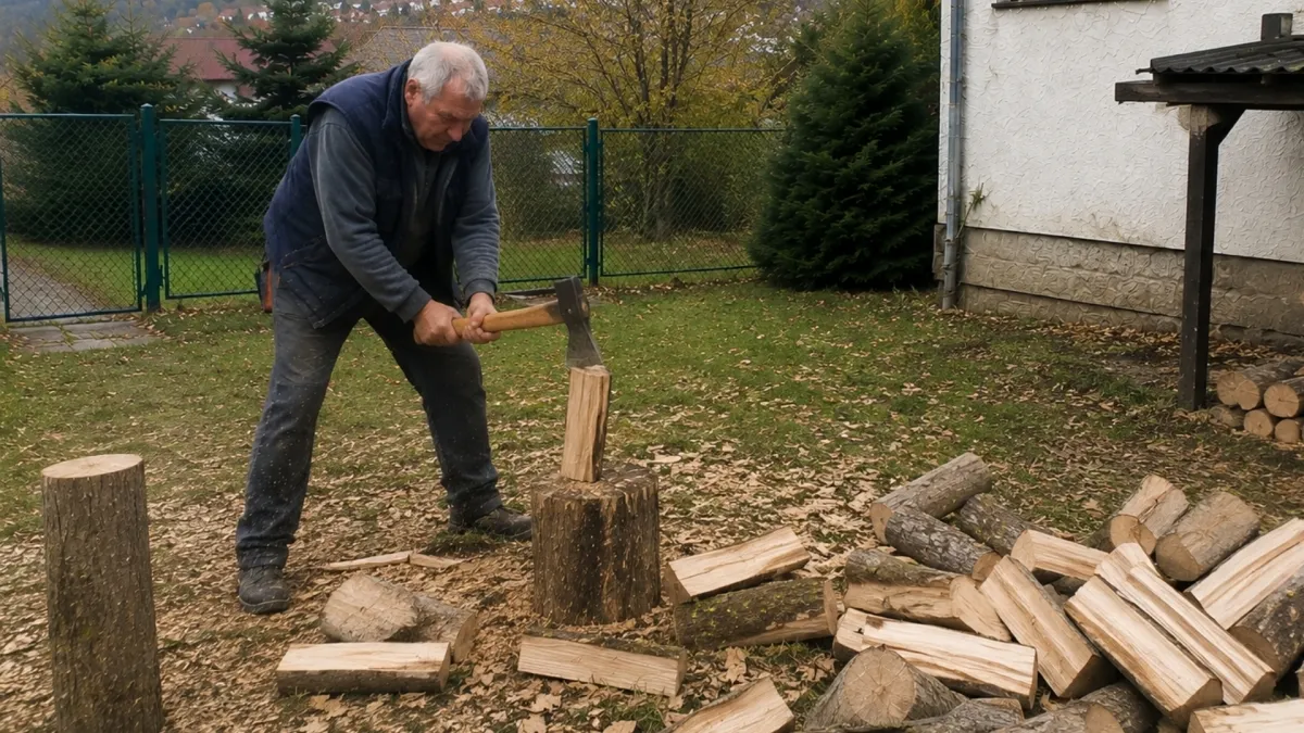 Muž seká dřevo v zahradě na jarní listy.